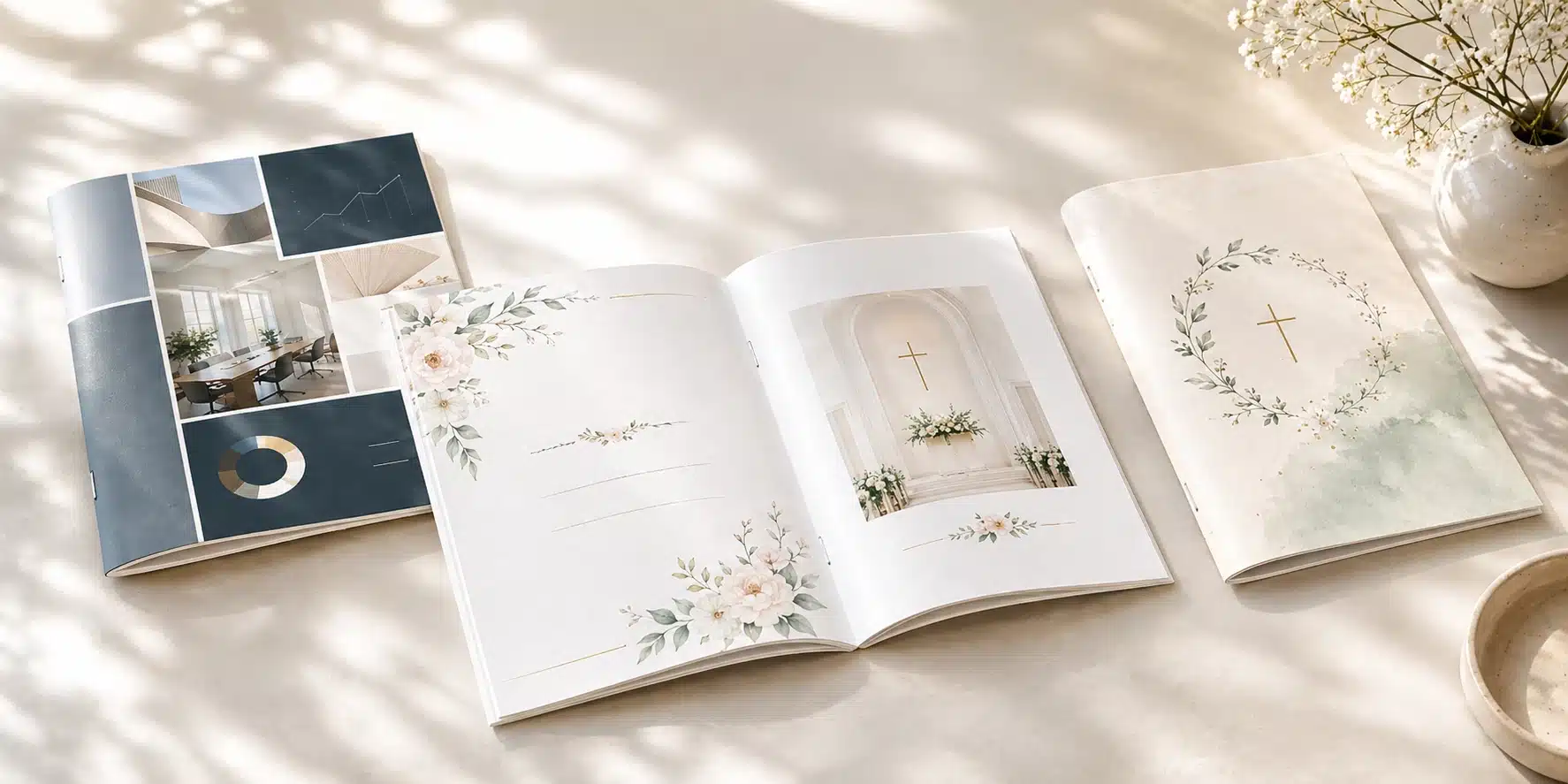 Rückstichheftung für Broschüren, Magazine und Kataloge mit eleganten Heftbeispielen auf hellem Tisch