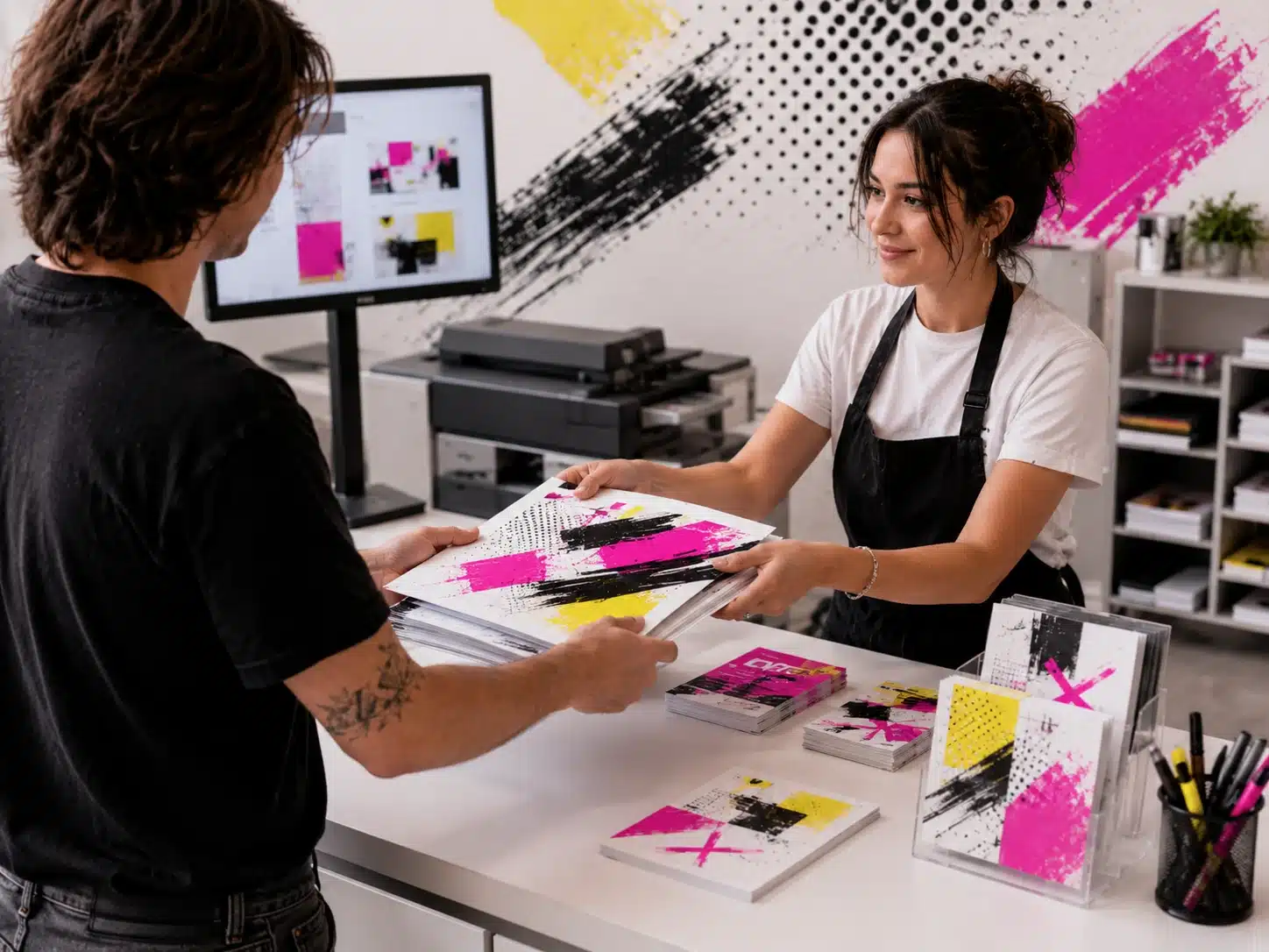 Kunde ließ Druckdaten erstellen und holt fertige Druckprodukte im Copyshop ab