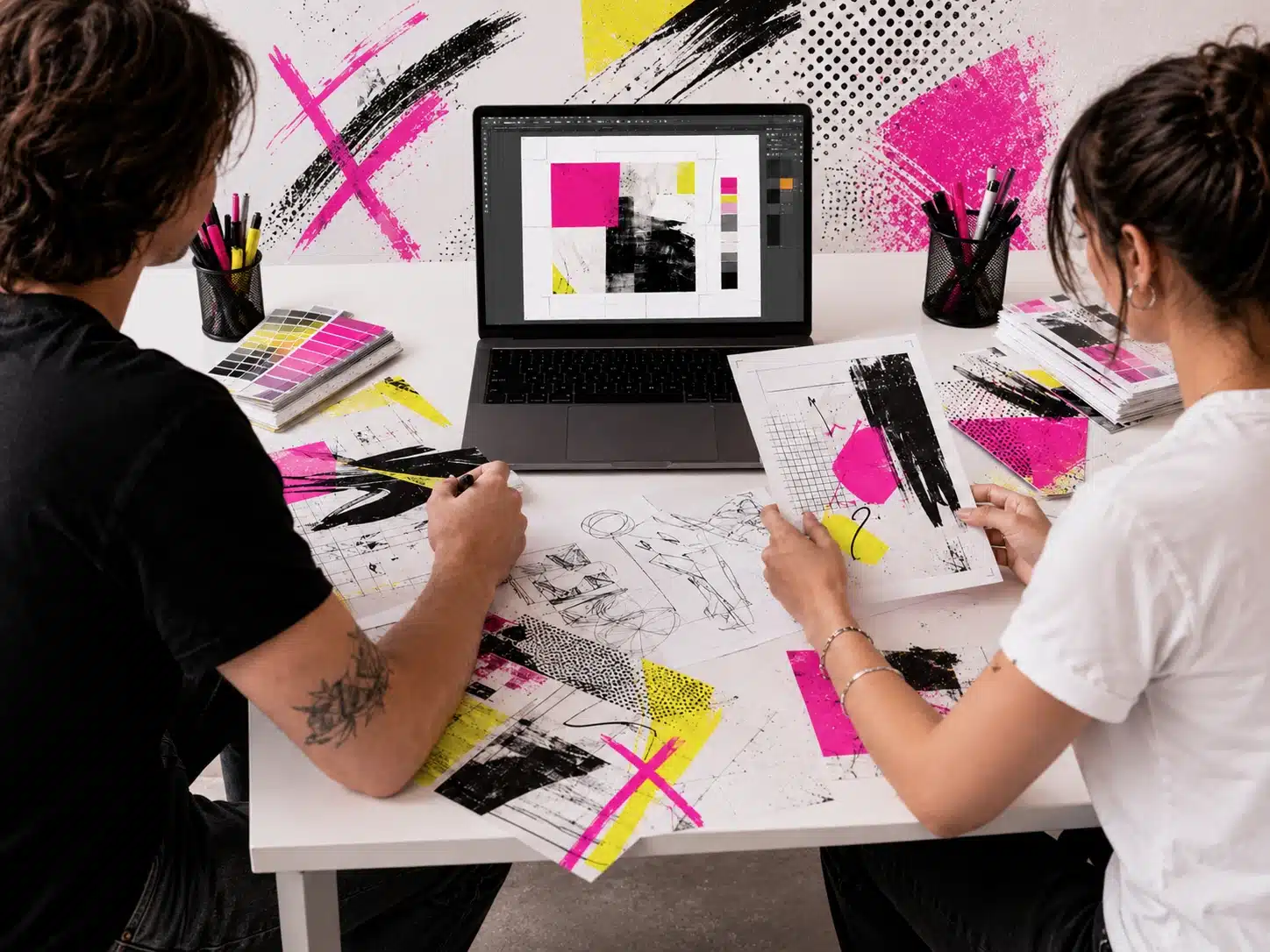 Persönliche Beratung zu Design, Layout und Druckdaten am Laptop im Copyshop