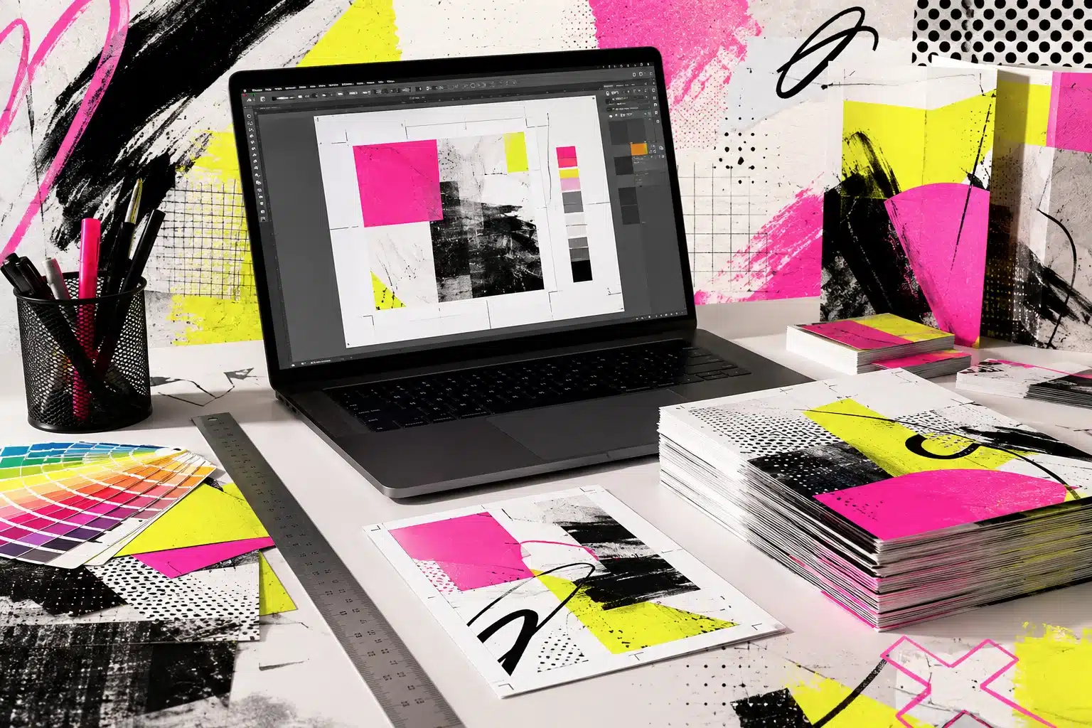 Laptop mit druckfertigem Layout, Schnittmarken und kreativen Druckprodukten in Neonfarben